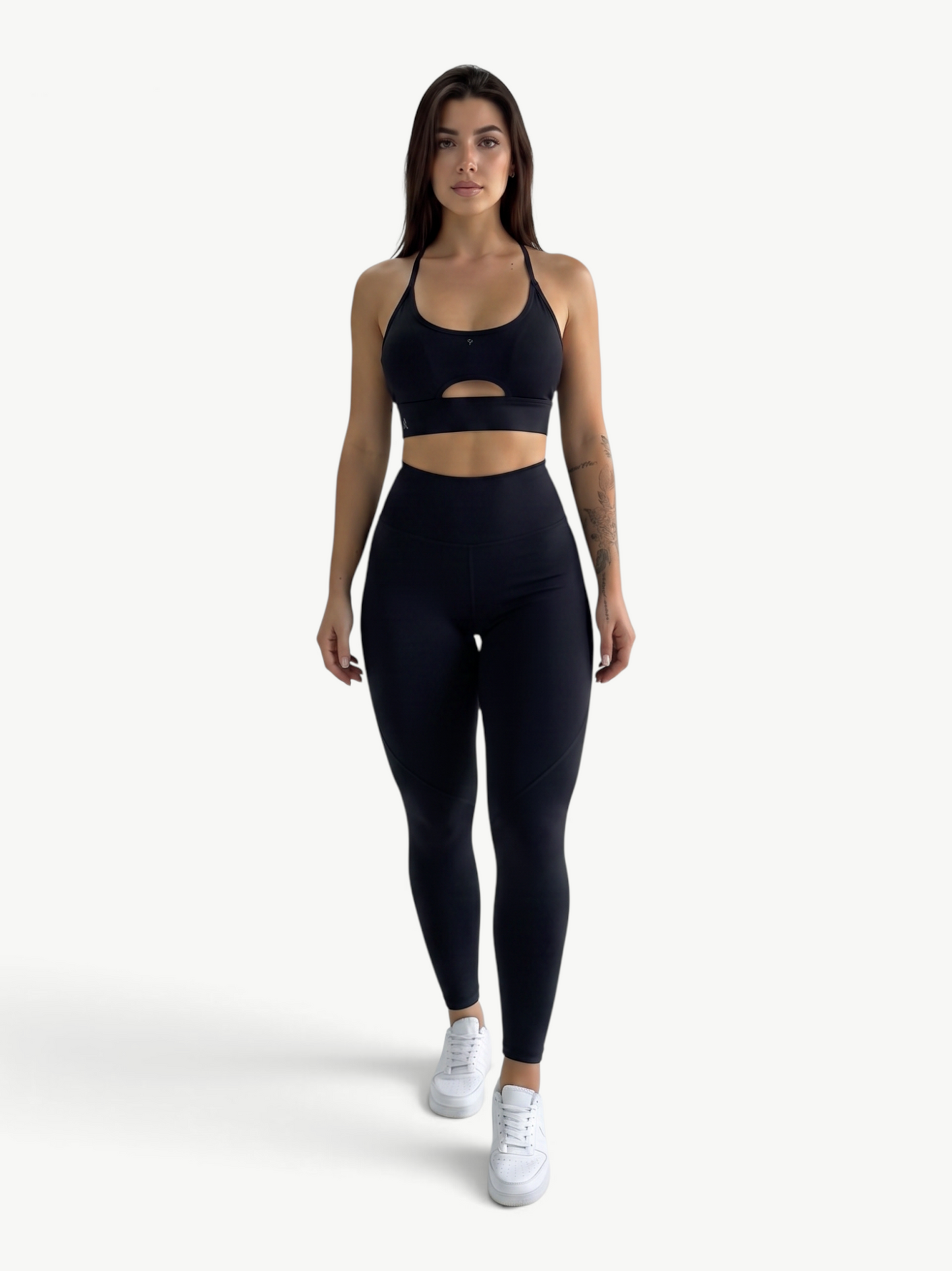 JM Brazilian Activewear black two-piece matching set with a supportive cutout top and high-waisted leggings