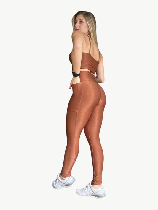 JM Brazilian Activewear Luxe ribbed legging set in bronze featuring a supportive sports bra and high-waisted leggings.
