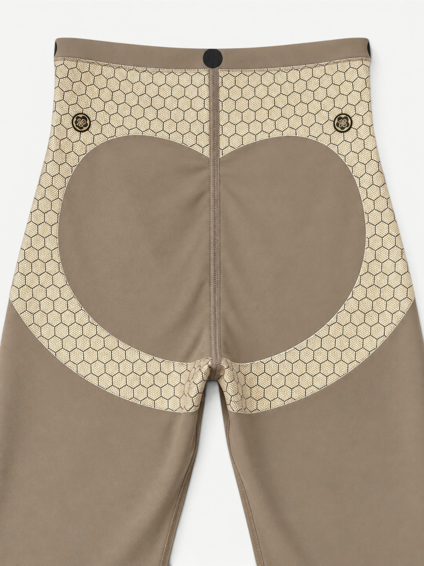 JM Brazilian Activewear sculpting leggings in taupe with a beige geometric honeycomb mesh pattern on the back.