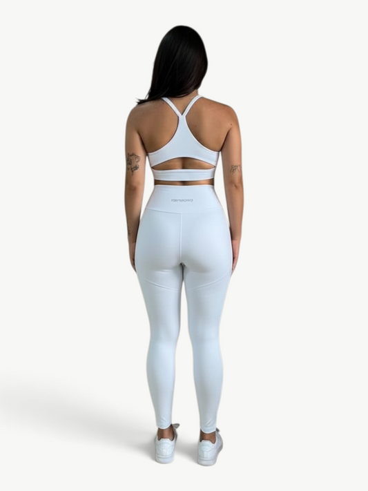 JM Brazilian Activewear white two-piece matching set with a racerback sports bra and high-waisted leggings, back view