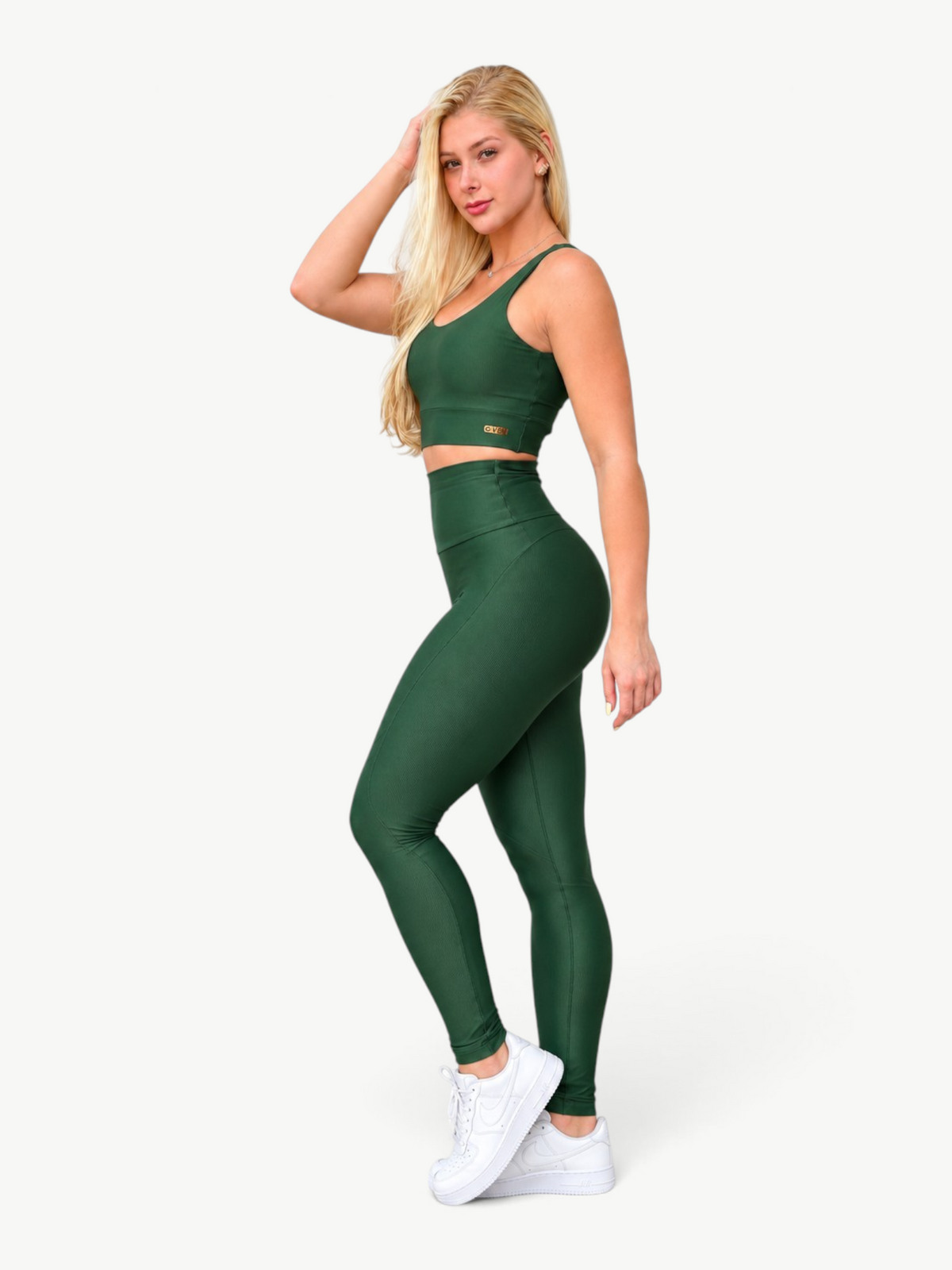 Blonde model wearing JM Brazilian Activewear military green ribbed sculpt legging set with high-waisted leggings