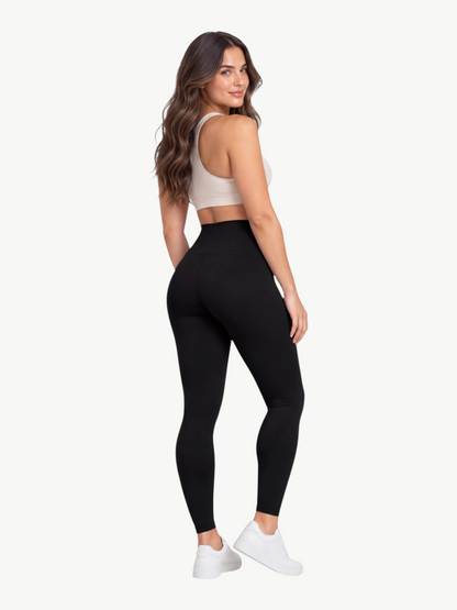 Model wearing JM Brazilian Activewear black high-rise sculpting leggings with compression fit and full-length design