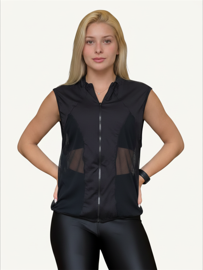 Model wearing a black JM Brazilian Activewear Dark Flow sleeveless vest with mesh panels and a front zip closure.