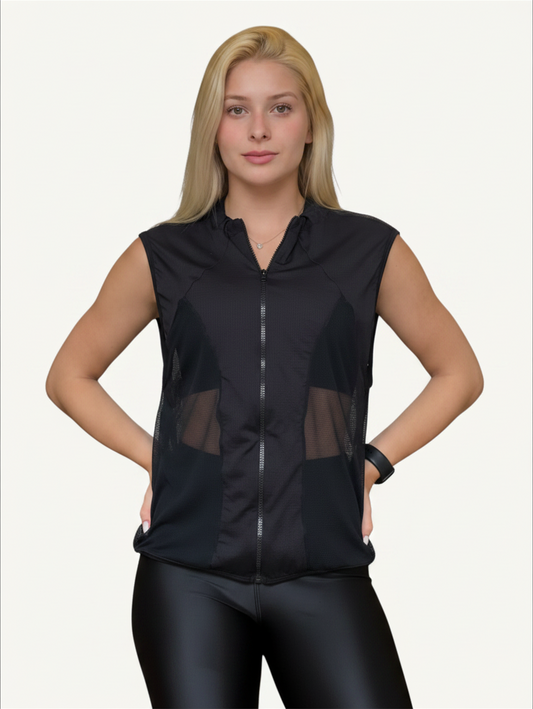 Model wearing a black JM Brazilian Activewear Dark Flow sleeveless vest with mesh panels and a front zip closure.