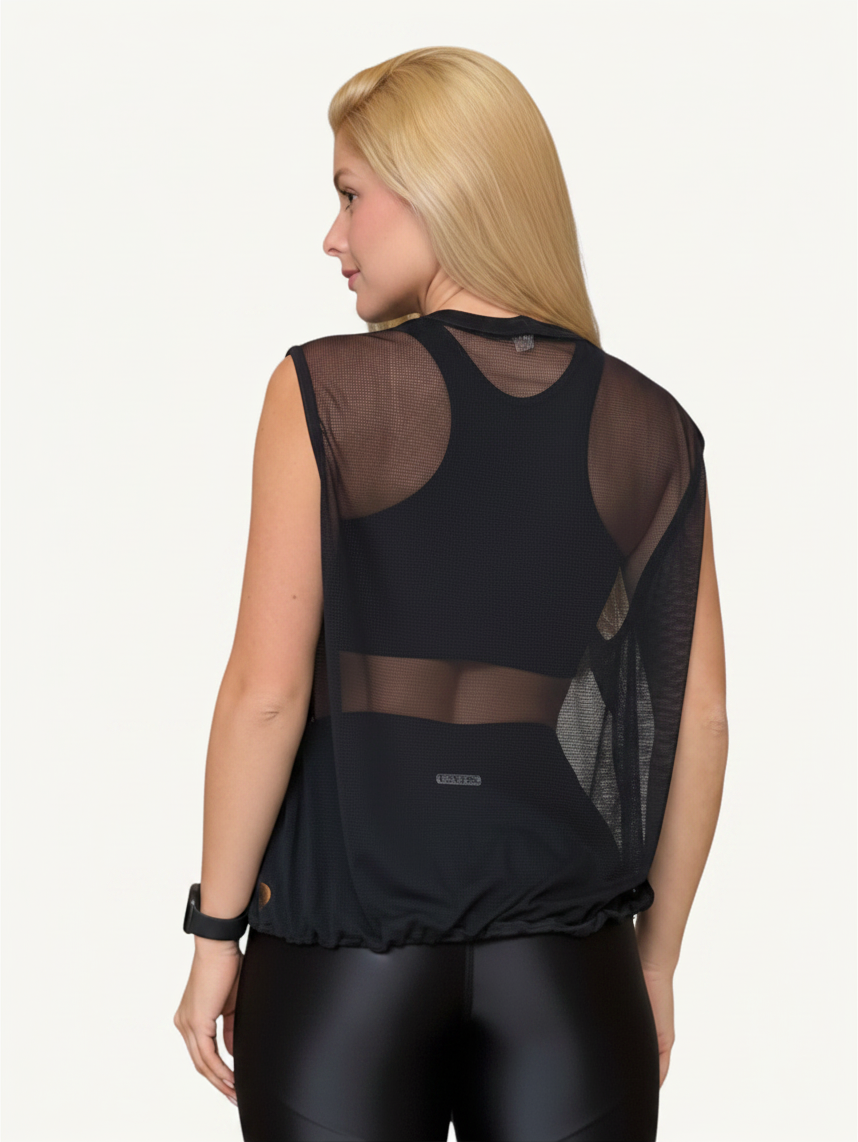 JM Brazilian Activewear Dark Flow black mesh sleeveless vest worn by a blonde woman, back view