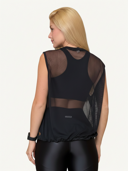 JM Brazilian Activewear Dark Flow black mesh sleeveless vest worn by a blonde woman, back view