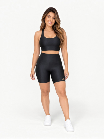 JM Brazilian Activewear black Sculpt Crossback Short Set with a supportive crop top and high-waisted biker shorts.