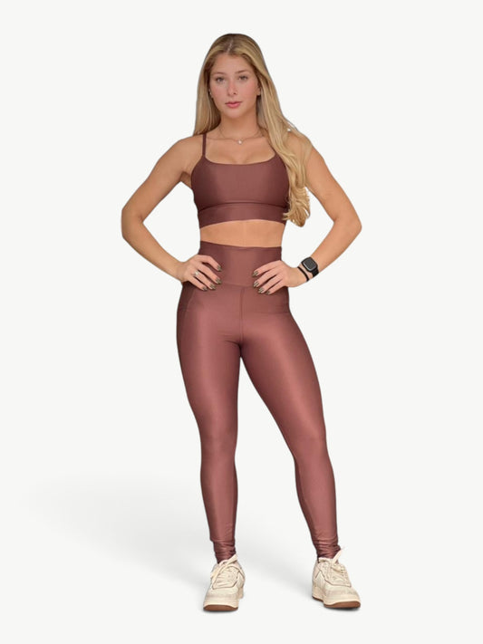 JM Brazilian Activewear Bianca legging set in metallic bronze, featuring a supportive crop top and high-waisted leggings