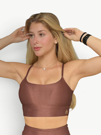JM Brazilian Activewear Bianca brown ribbed crop top with supportive straps worn by a blonde woman