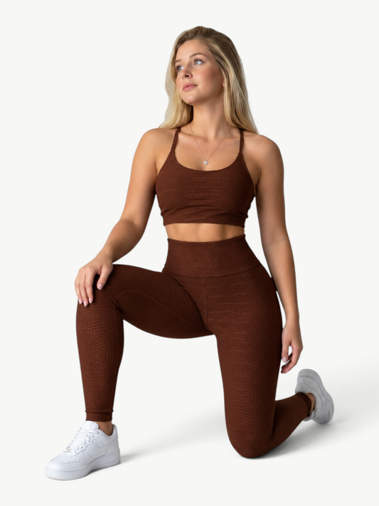 JM Brazilian Activewear Lary textured brown two-piece set with a supportive crop top and high-waisted leggings.
