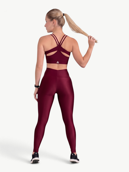 JM Brazilian Activewear Sunny Legging Set in burgundy with a strappy-back sports bra and high-waisted leggings.