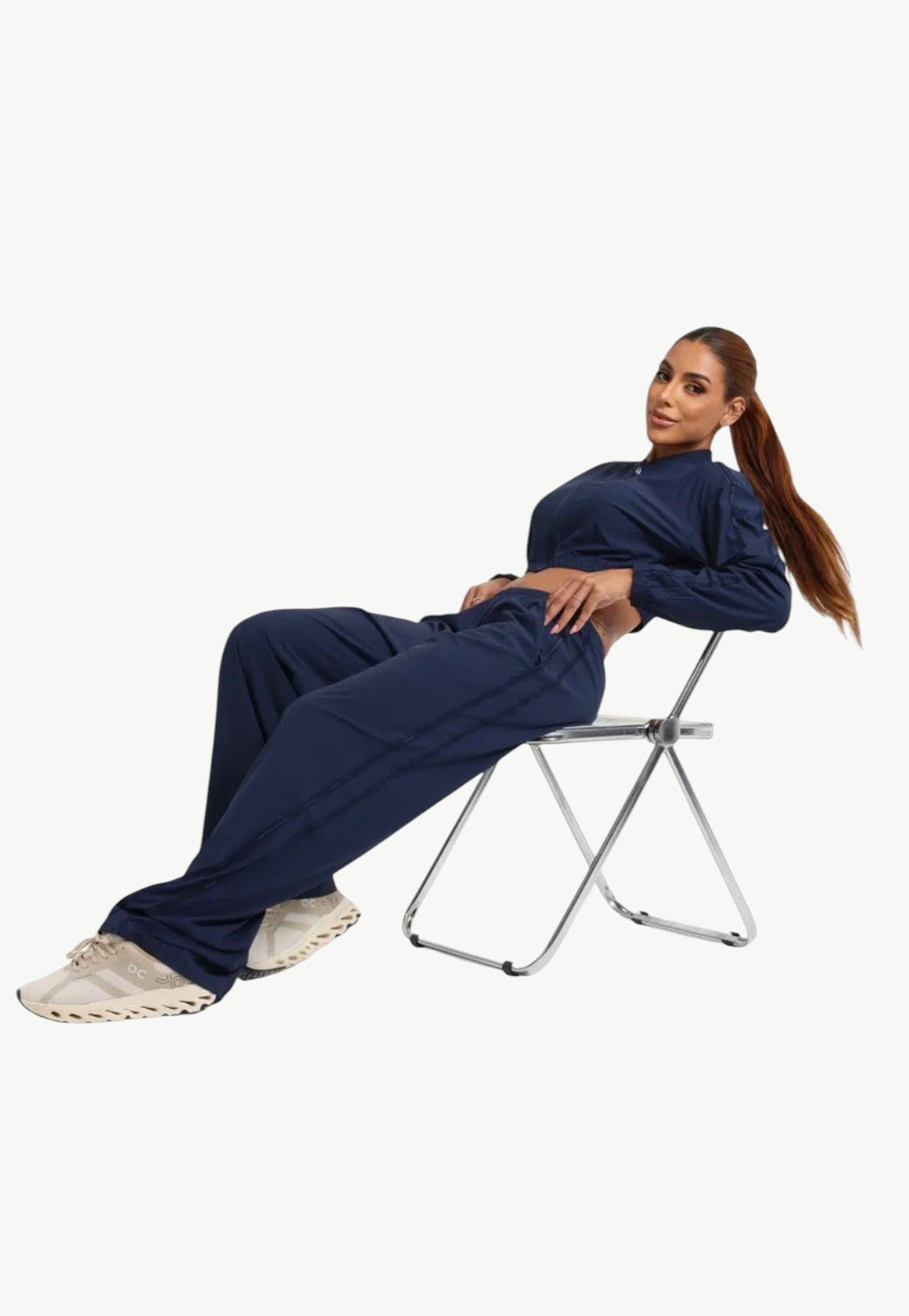 Aerolook Wide-Leg Set in Navy - Seated Lifestyle View