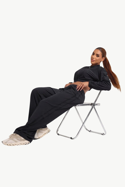 Aerolook Wide-Leg Set in Black - Seated Lifestyle View