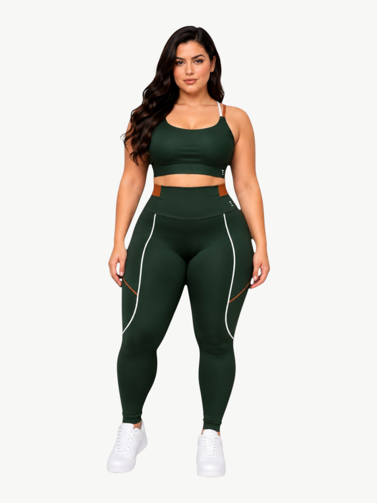 Model wearing JM Brazilian Activewear dark green sculpting legging set with white piping and brown accent details.