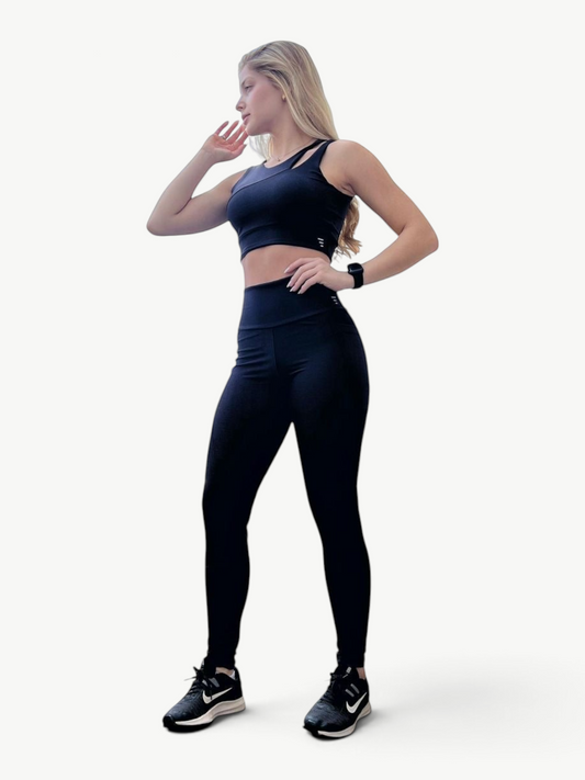 JM Brazilian Activewear Hadassa black two-piece legging set with a supportive crop top on a blonde model