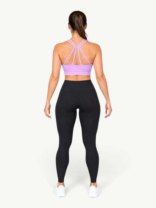 JM Brazilian Activewear Angel Strappy Back Top in lilac paired with black high-waisted leggings, back view.
