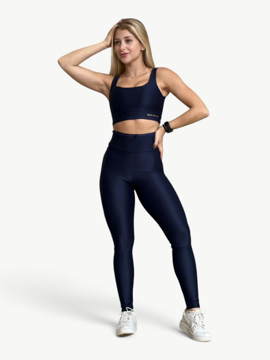 JM Brazilian Activewear navy blue square neck crop top and high-waisted legging set worn by a blonde model