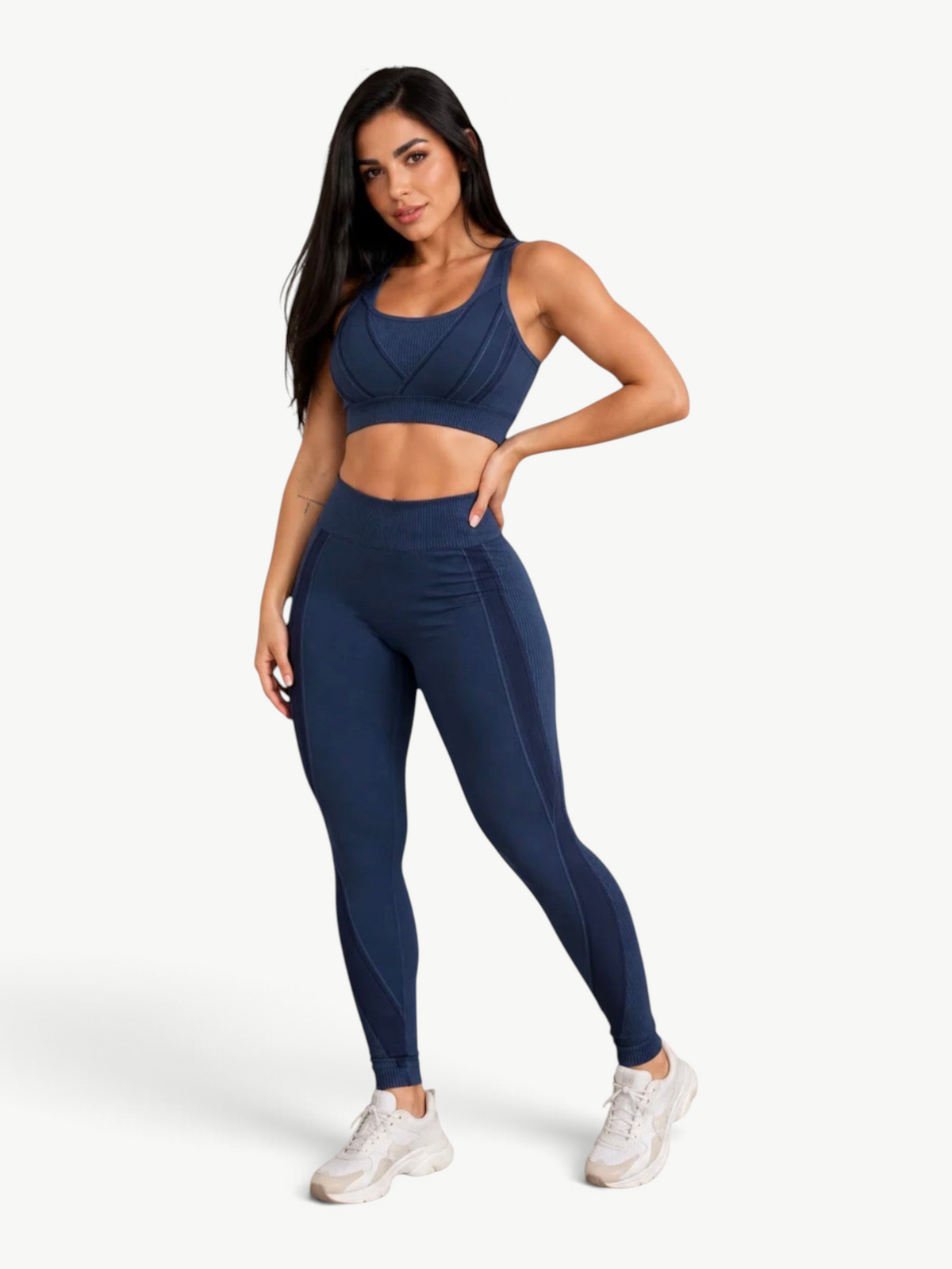 Model wearing a navy blue JM Brazilian Activewear Sculpt Legging Set with a supportive sports bra and high-waisted leggings