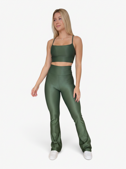 JM Brazilian Activewear olive green two-piece set with a fitted crop top and high-waisted flare pants on a model.