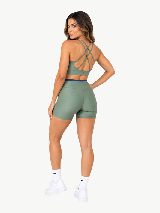 JM Brazilian Activewear Aurora olive green two-piece set with a strappy crop top and high-waisted shorts