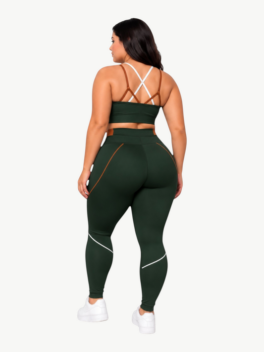 JM Brazilian Activewear Pandora Sculpt dark green two-piece legging set with white and brown strap details