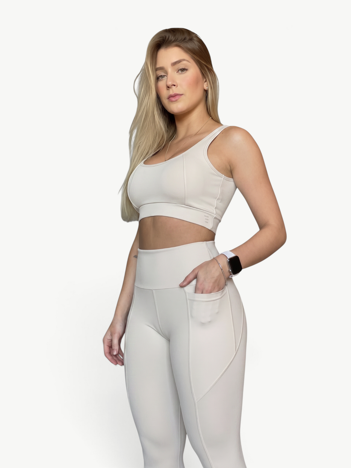 JM Brazilian Activewear Polianna beige two-piece legging set with supportive crop top and high-waisted pocket leggings