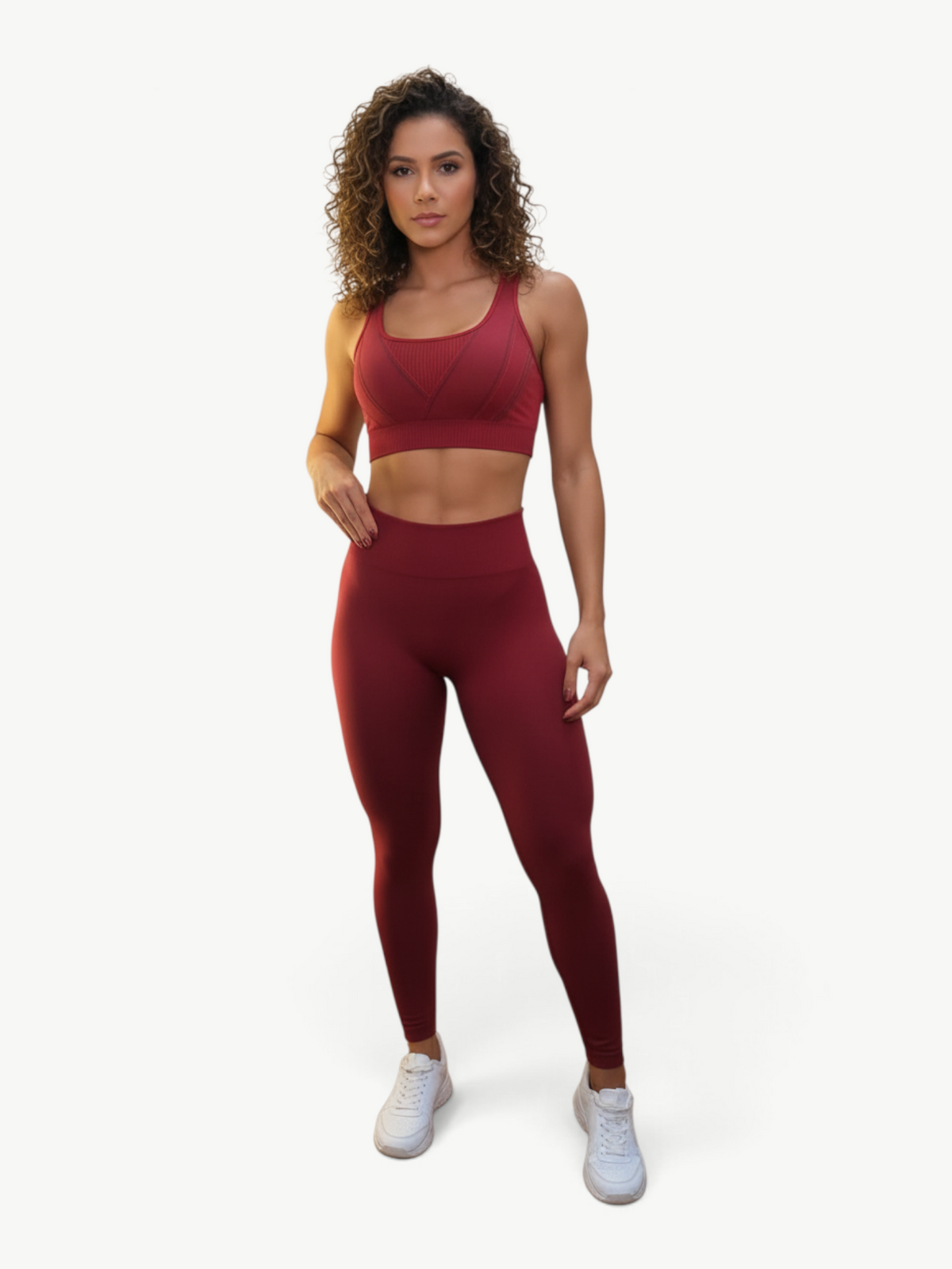 JM Brazilian Activewear Sculpt Legging Set in deep red featuring a supportive sports bra and high-waisted leggings.