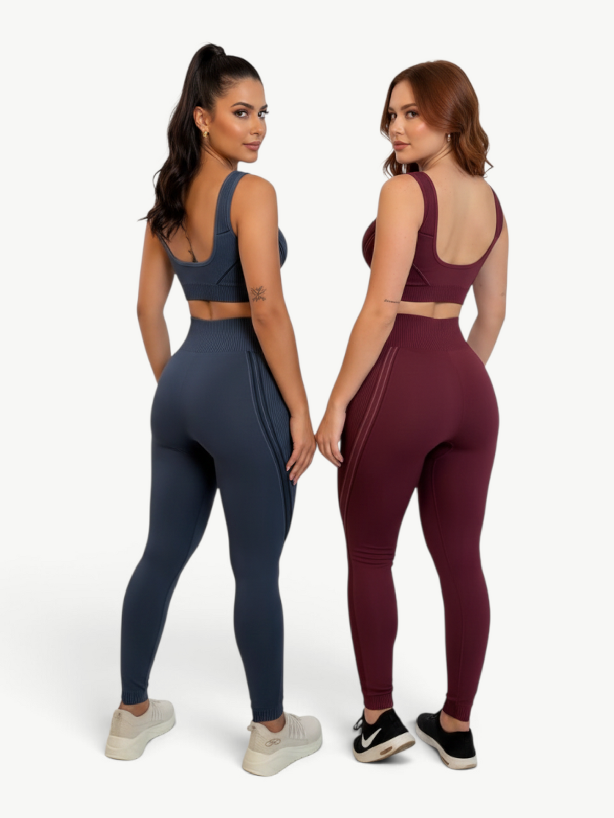 Two models wearing JM Brazilian Activewear Sculpt Legging Sets in blue and burgundy with high-waisted leggings.